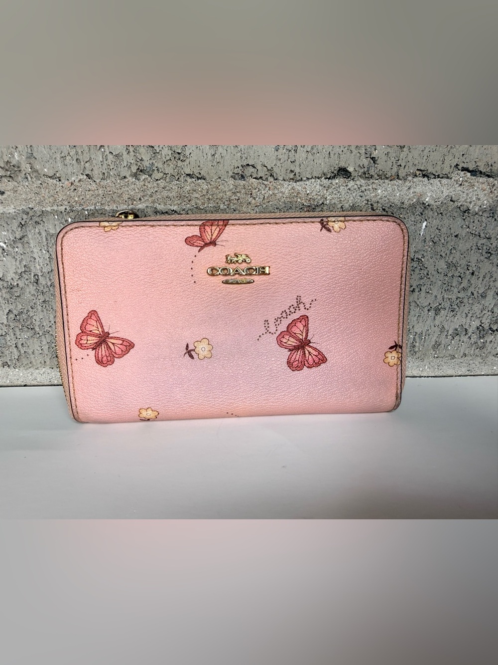 COACH Pink Butterfly Print Zip Around Wallet